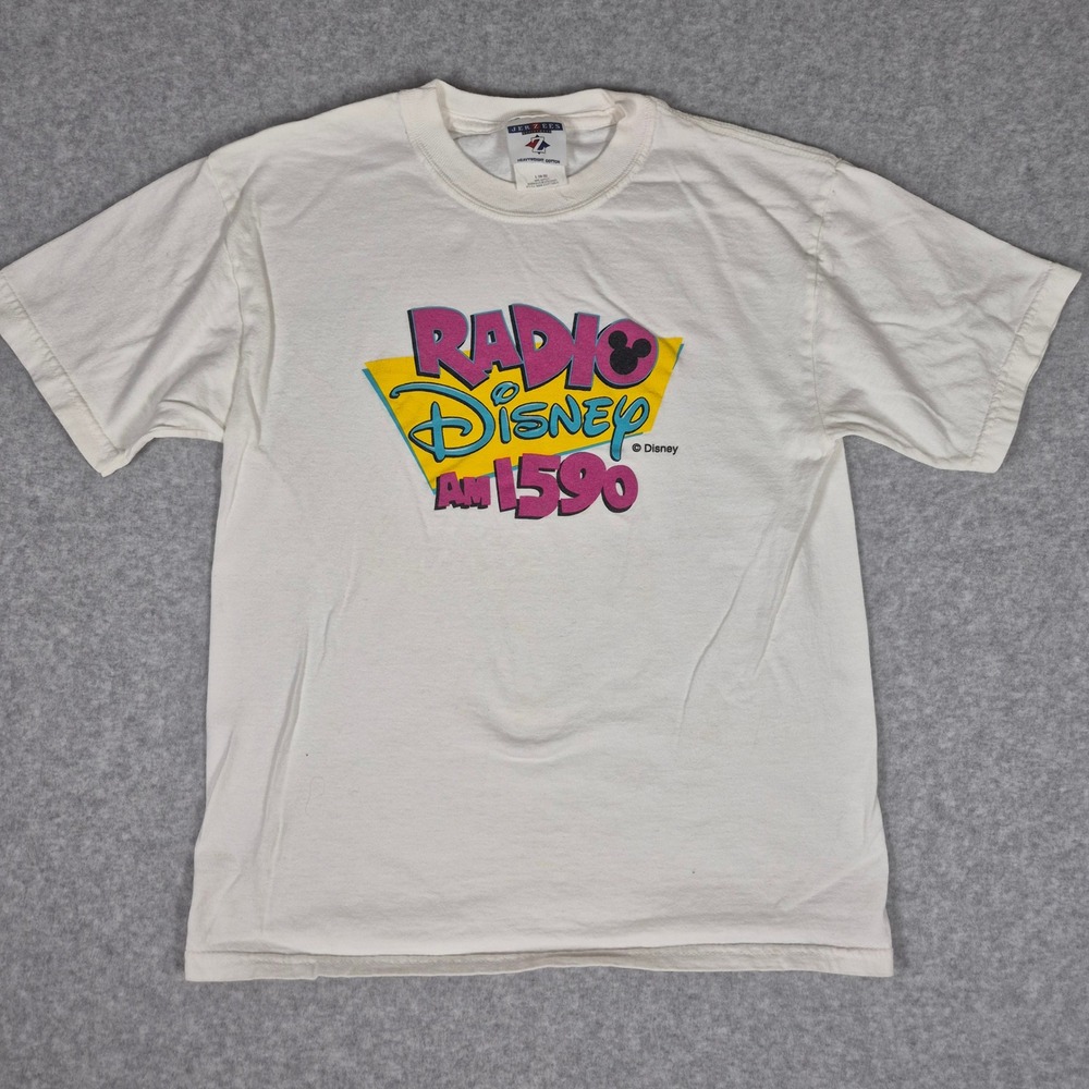 Vintage Jerzees Radio Disney T-Shirt Youth Large White AM 1590 Graphic 90s Tee